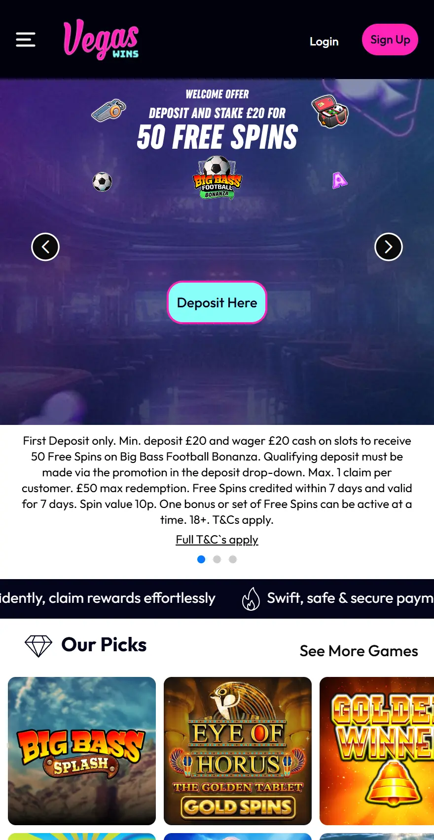 Vegas Wins mobile homepage promoting 50 free spins for a £20 deposit and stake on Big Bass Football Bonanza, with featured game picks.
