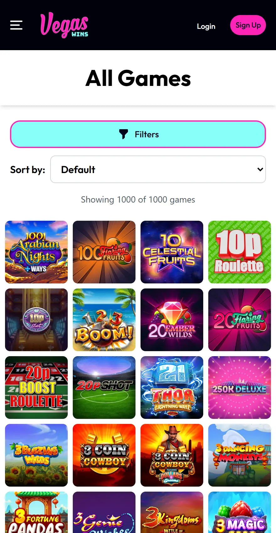 Vegas Wins mobile all-games page with filters, default sorting, and a four-column slot grid.