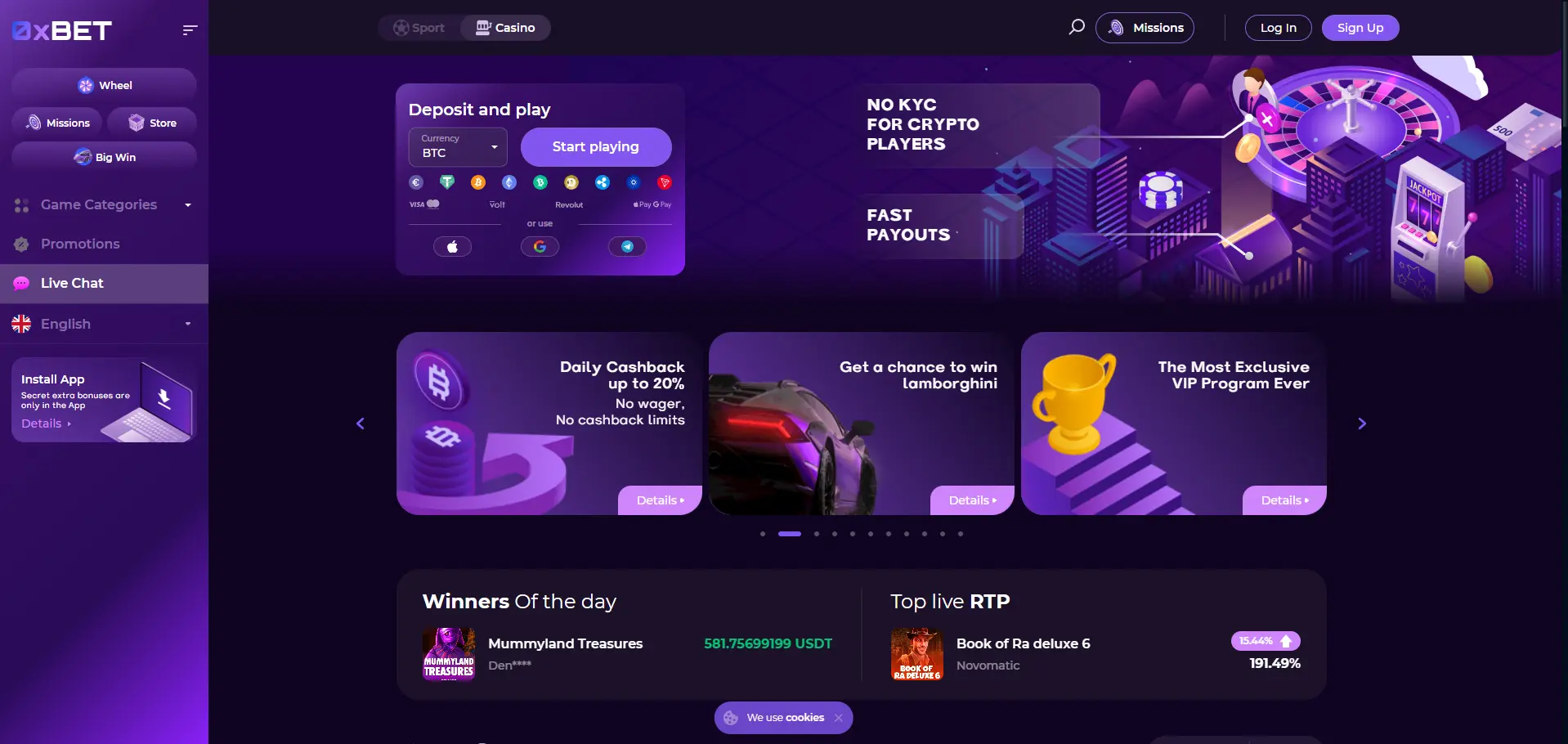 0xBet desktop homepage with a Deposit and Play BTC form, supported cryptocurrency and payment options, “No KYC for crypto players” and “Fast payouts” messages, promotion cards for Daily Cashback up to 20%, Lamborghini prize draw and VIP program, Winners of the Day and Top live RTP panels, and sidebar navigation.