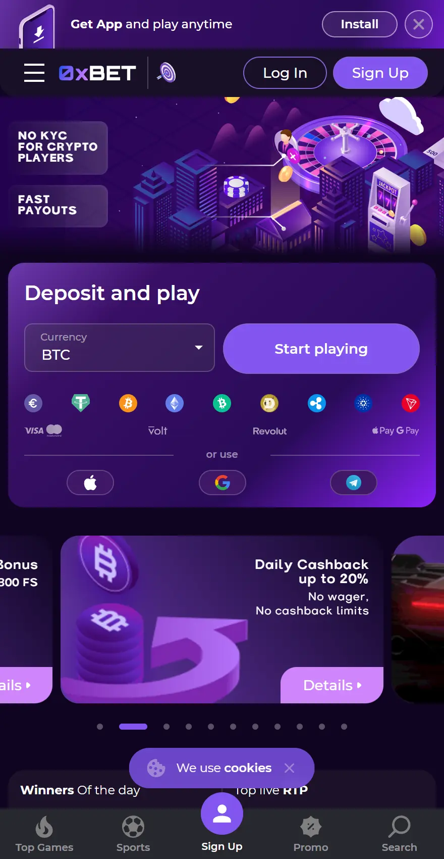 0xBet mobile homepage with app-install prompt, Log In and Sign Up controls, “No KYC for crypto players” and “Fast payouts” messages, a Deposit and Play form with BTC selected and supported payment methods, plus a Daily Cashback promotion offering up to 20% with no wagering or cashback limits.