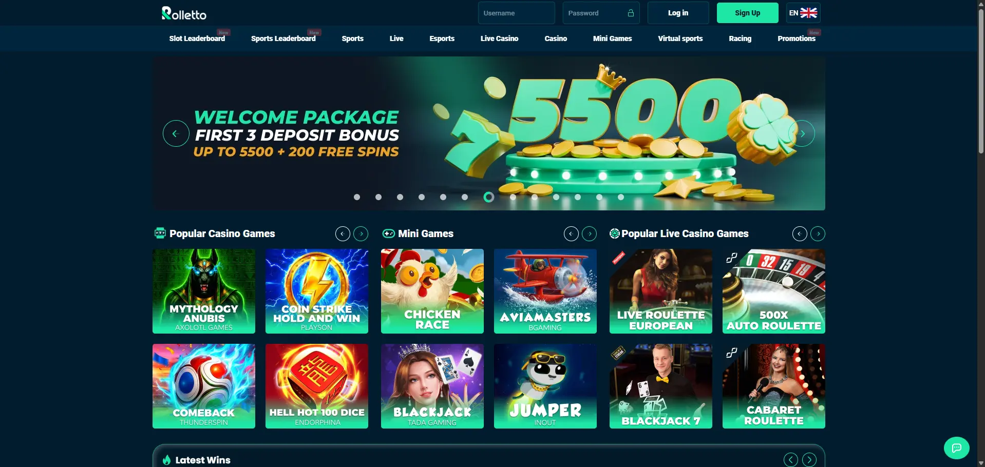 Rolletto desktop homepage featuring a welcome package for the first three deposits of up to 5500 plus 200 free spins, with popular casino games Mythology Anubis, Coin Strike Hold and Win, Chicken Race, Aviamasters, Comeback, Hell Hot 100 Dice, Blackjack and Jumper, plus popular live casino games Live Roulette European, 500x Auto Roulette, Blackjack 7 and Cabaret Roulette.
