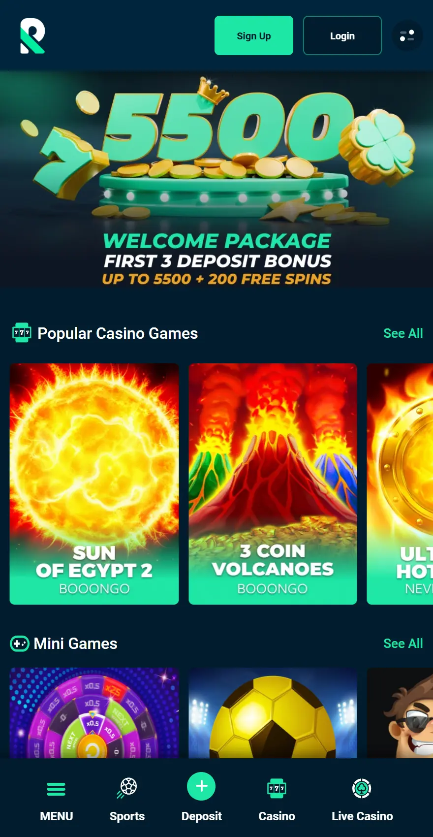 Rolletto mobile homepage featuring a welcome package for the first three deposits of up to 5500 plus 200 free spins, with Sign Up and Login controls, popular casino games including Sun of Egypt 2 and 3 Coin Volcanoes, mini games, and bottom navigation for menu, sports, deposit, casino and live casino.