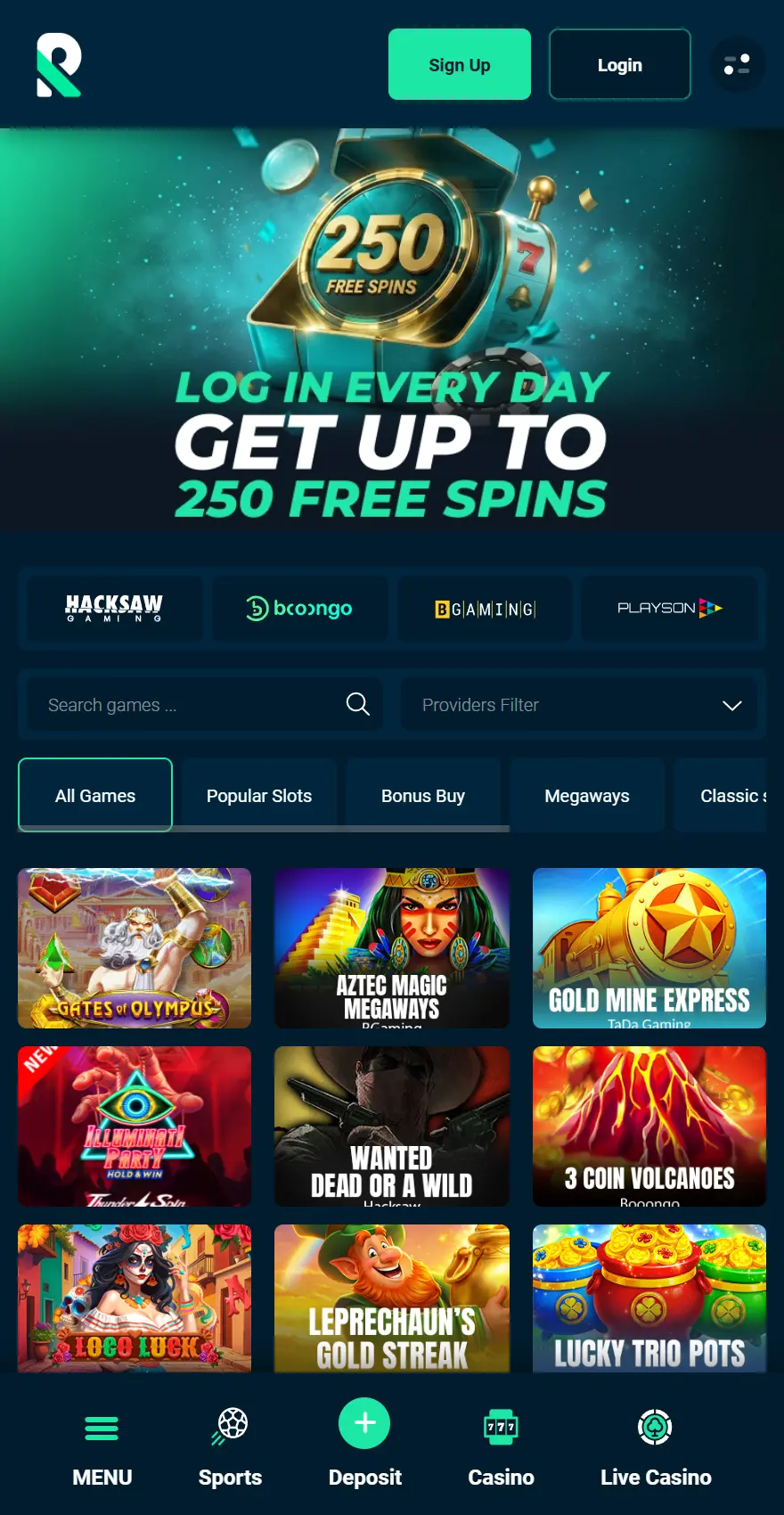 Rolletto mobile casino lobby featuring a “Log in every day” offer of up to 250 free spins, provider logos, game search and provider filter, filters for all games, popular slots, bonus buy and megaways, and game tiles including Gates of Olympus, Aztec Magic Megaways, Gold Mine Express, Illuminati Party: Hold and Win, Wanted Dead or a Wild, 3 Coin Volcanoes, Loco Luck, Leprechaun’s Gold Streak and Lucky Trio Pots.
