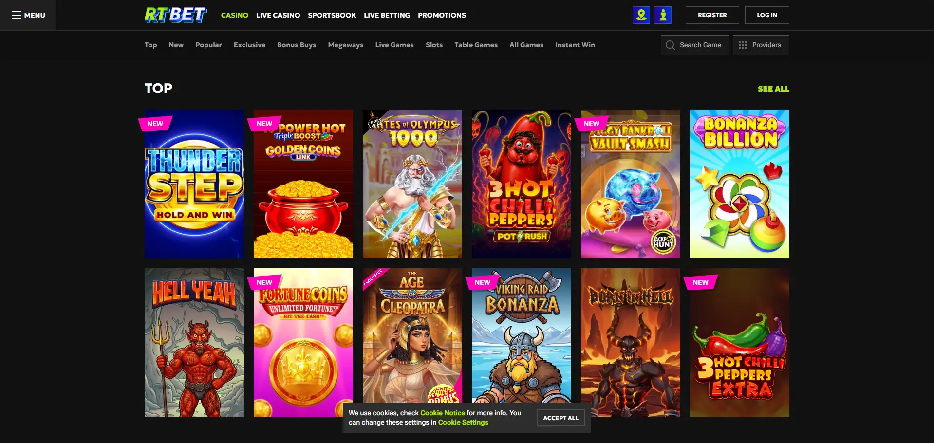 RTBet desktop casino lobby with filters for top, new, popular, exclusive, bonus buys, megaways, live games, slots, table games, all games and instant wins; the top-games grid includes Thunder Step, 40 Power Hot Triple Boost Golden Coins, Gates of Olympus 1000, 3 Hot Chilli Peppers, Piggy Bankroll Vault Smash, Bonanza Billion, Hell Yeah, Fortune Coins, Age of Cleopatra, Viking Raid Bonanza and 3 Hot Chilli Peppers Extra.