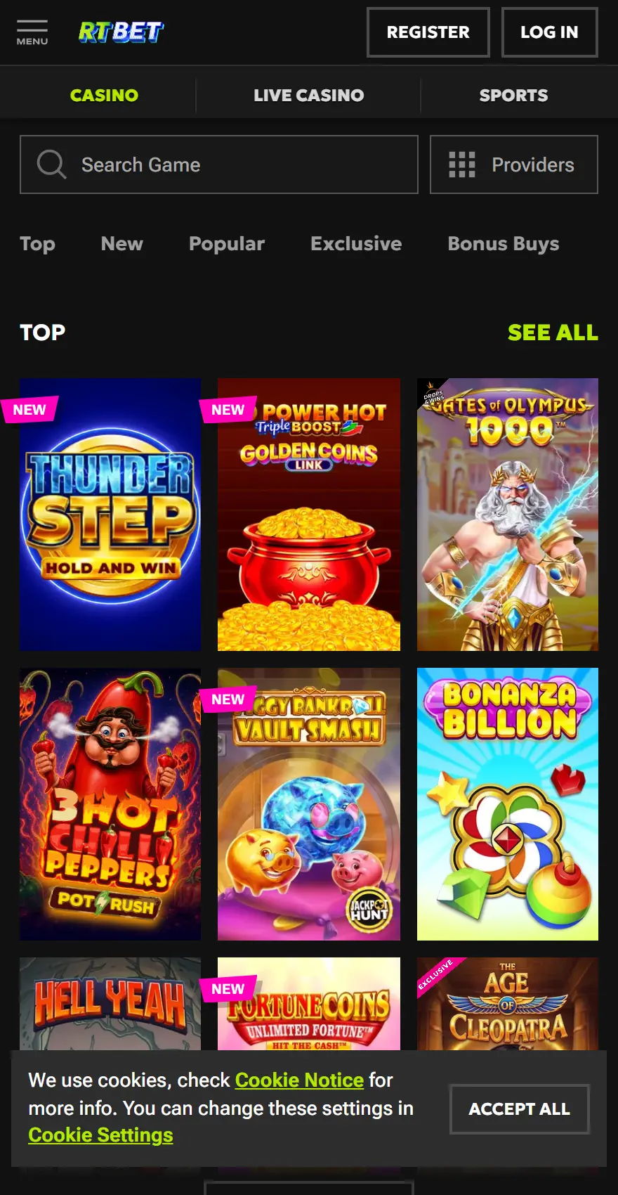 RTBet mobile casino lobby with game search, provider selector and filters for top, new, popular, exclusive and bonus buys; the top-games grid includes Thunder Step, 40 Power Hot Triple Boost Golden Coins, Gates of Olympus 1000, 3 Hot Chilli Peppers, Piggy Bankroll Vault Smash, Bonanza Billion, Hell Yeah, Fortune Coins and Age of Cleopatra.