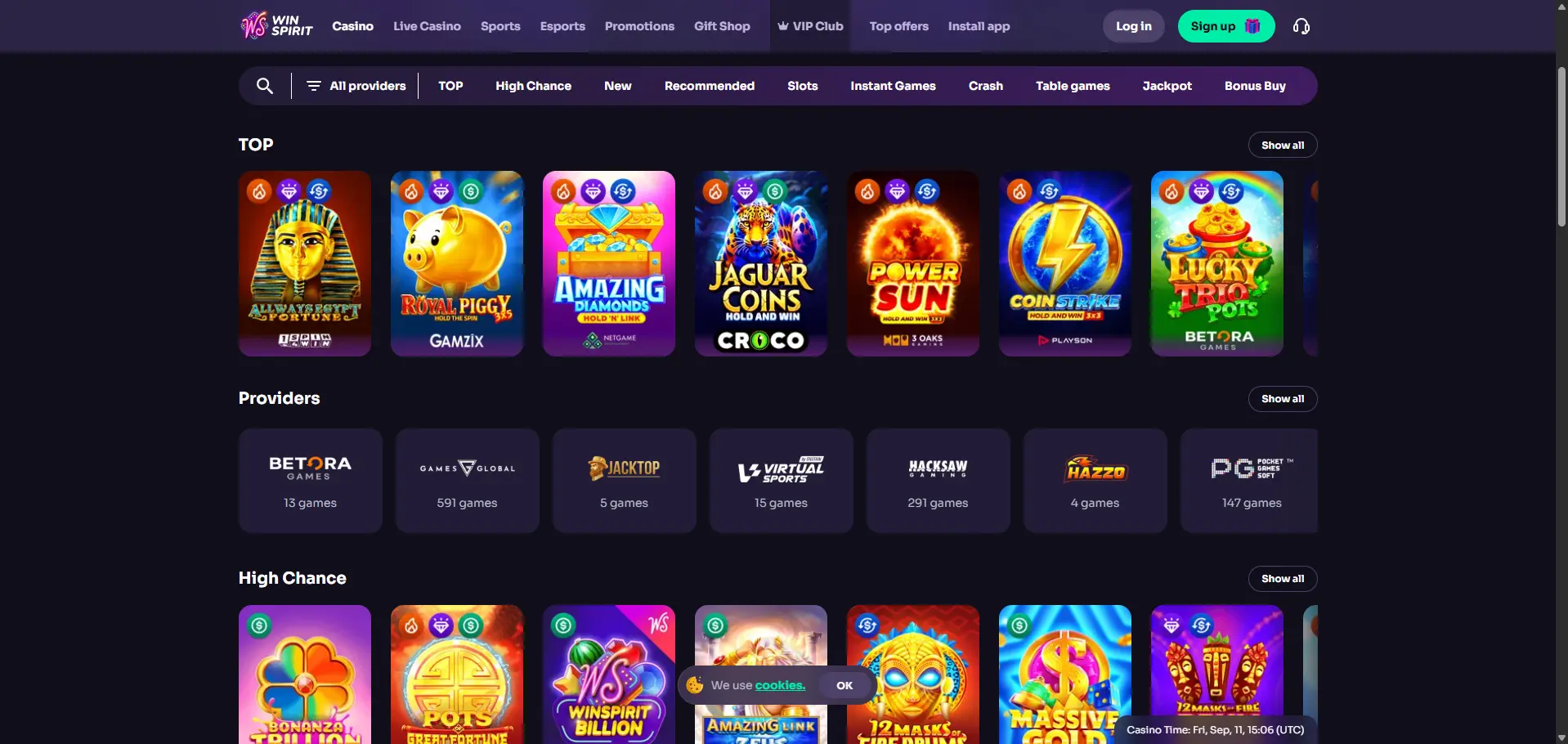 WinSpirit desktop casino lobby with navigation for providers, top, high-chance, new, recommended, slots, instant games, crash, table games, jackpot and bonus-buy games; top titles include Always Egypt Fortune, Royal Piggy, Amazing Diamonds, Jaguar Coins, Power Sun, Coin Strike and Lucky Trio Pots.