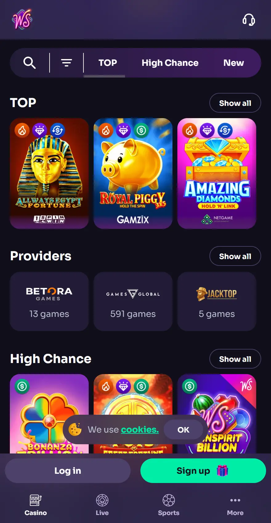 WinSpirit mobile casino lobby with search and provider filters, top games Always Egypt Fortune, Royal Piggy and Amazing Diamonds, provider cards, high-chance games, cookie notice, and Log in and Sign up controls.