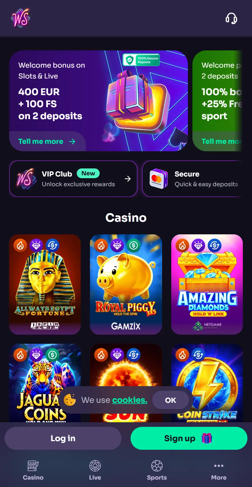 WinSpirit mobile homepage featuring a welcome bonus of €400 and 100 free spins across two deposits, VIP Club and secure-deposit links, and casino game tiles including Always Egypt Fortune, Royal Piggy, Amazing Diamonds, Jaguar Coins and Coin Strike.