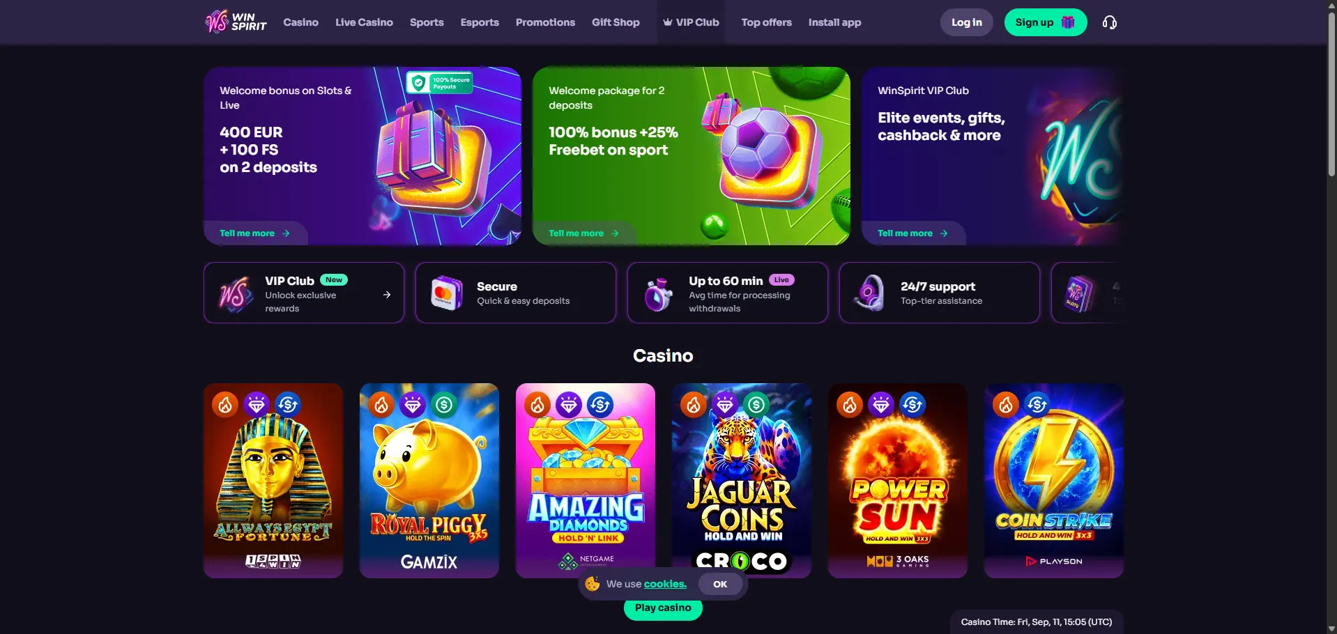 WinSpirit desktop homepage featuring a €400 welcome bonus and 100 free spins across two deposits, a sports welcome package with a 100% bonus and 25% freebet, VIP Club benefits, secure deposits, withdrawal processing time and 24/7 support, followed by casino game tiles.