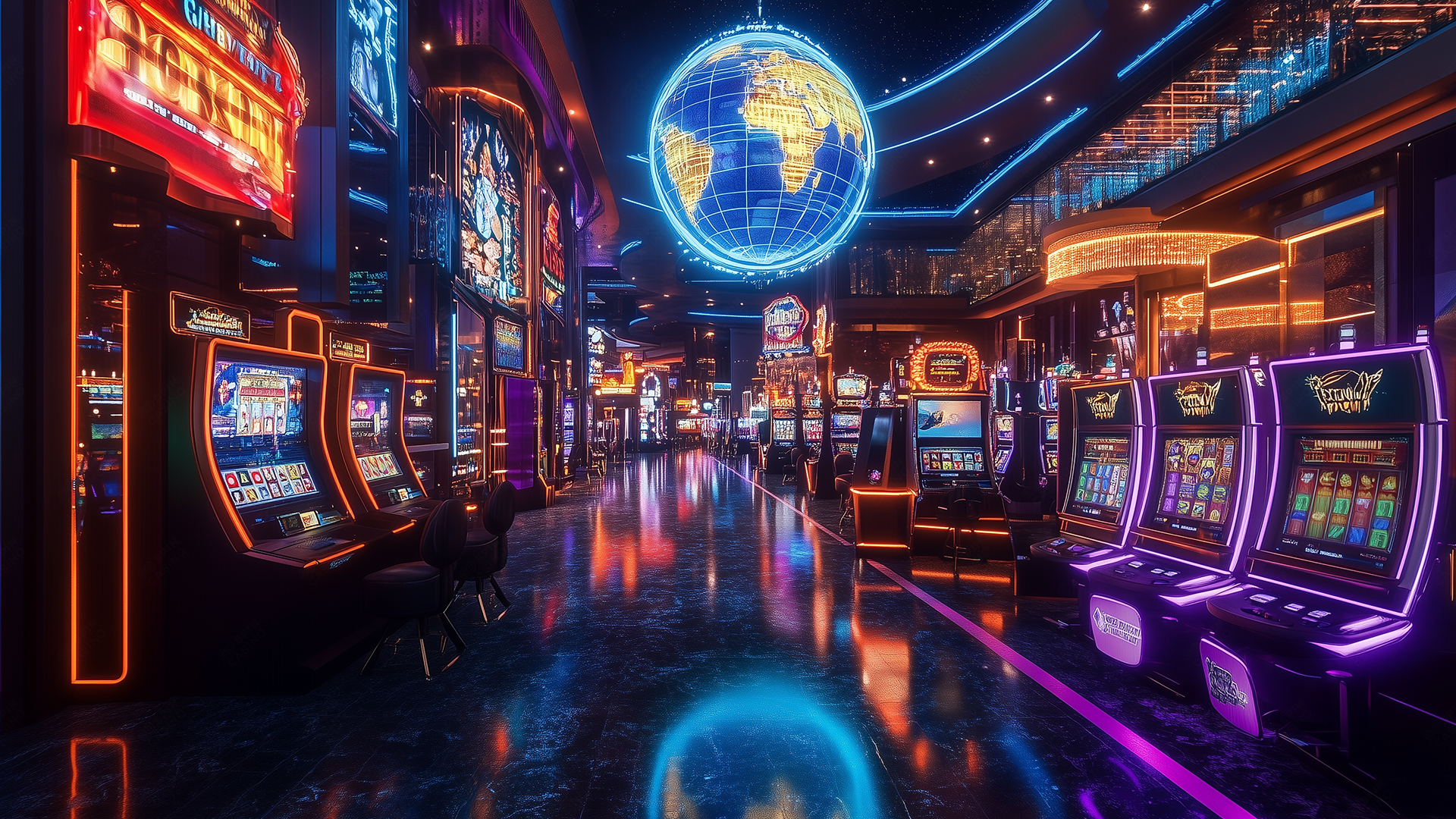 Futuristic casino floor with glowing slot machines, a holographic globe highlighting global gaming markets like Brazil and the Philippines, and vibrant neon lighting representing the iGaming industry's technological advancements and global expansion.