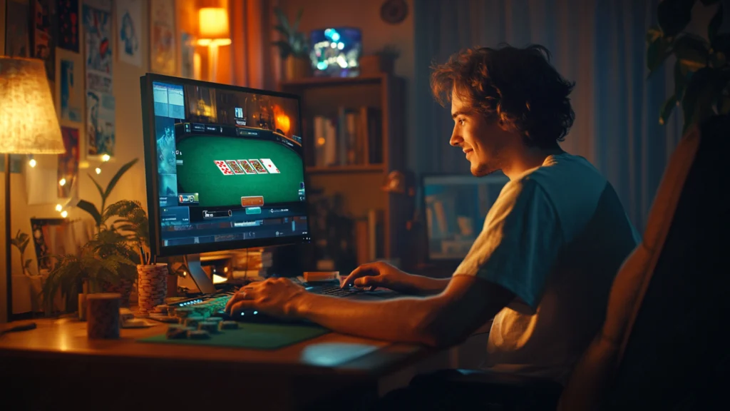 Chłopiec siedzi przy biurku, skupiony na ekranie komputera, na którym wyświetlana jest gra w pokera online, przy czym na ekranie widoczne są karty i żetony pokerowe. Przeczytajmy Przewodnik dla początkujących po pokerze online.