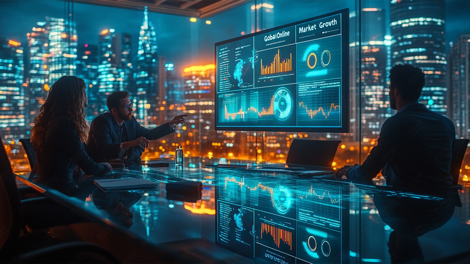 Business professionals in a high-rise office analyzing global online gambling market growth data on a digital screen, with a futuristic city skyline at night.