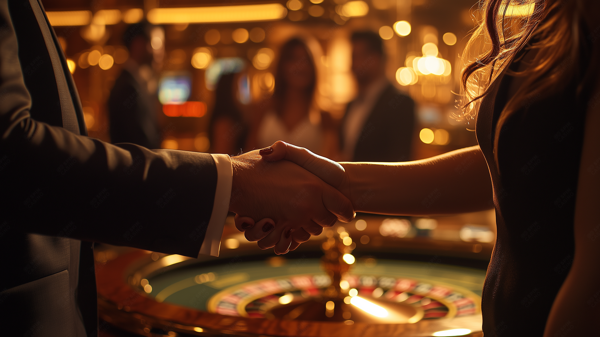 Two individuals shaking hands over a roulette table in a luxurious casino setting, symbolizing partnership and growth in the iGaming industry. Warm golden lighting enhances the sophisticated atmosphere, with blurred figures in the background highlighting a vibrant and professional casino environment.
