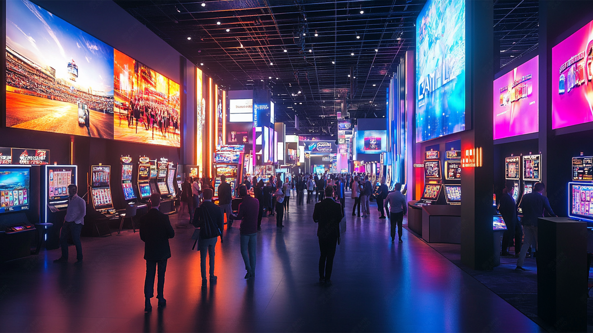 Exposição vibrante de jogos que apresenta o que há de mais recente em iGaming e tecnologia de cassino, com participantes explorando máquinas caça-níqueis de alta tecnologia, plataformas de apostas digitais e inovações em jogos imersivos sob telas iluminadas por neon.