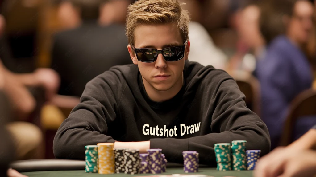 Poker hand showing a gutshot straight draw with four cards, highlighting the single card needed to complete an inside straight