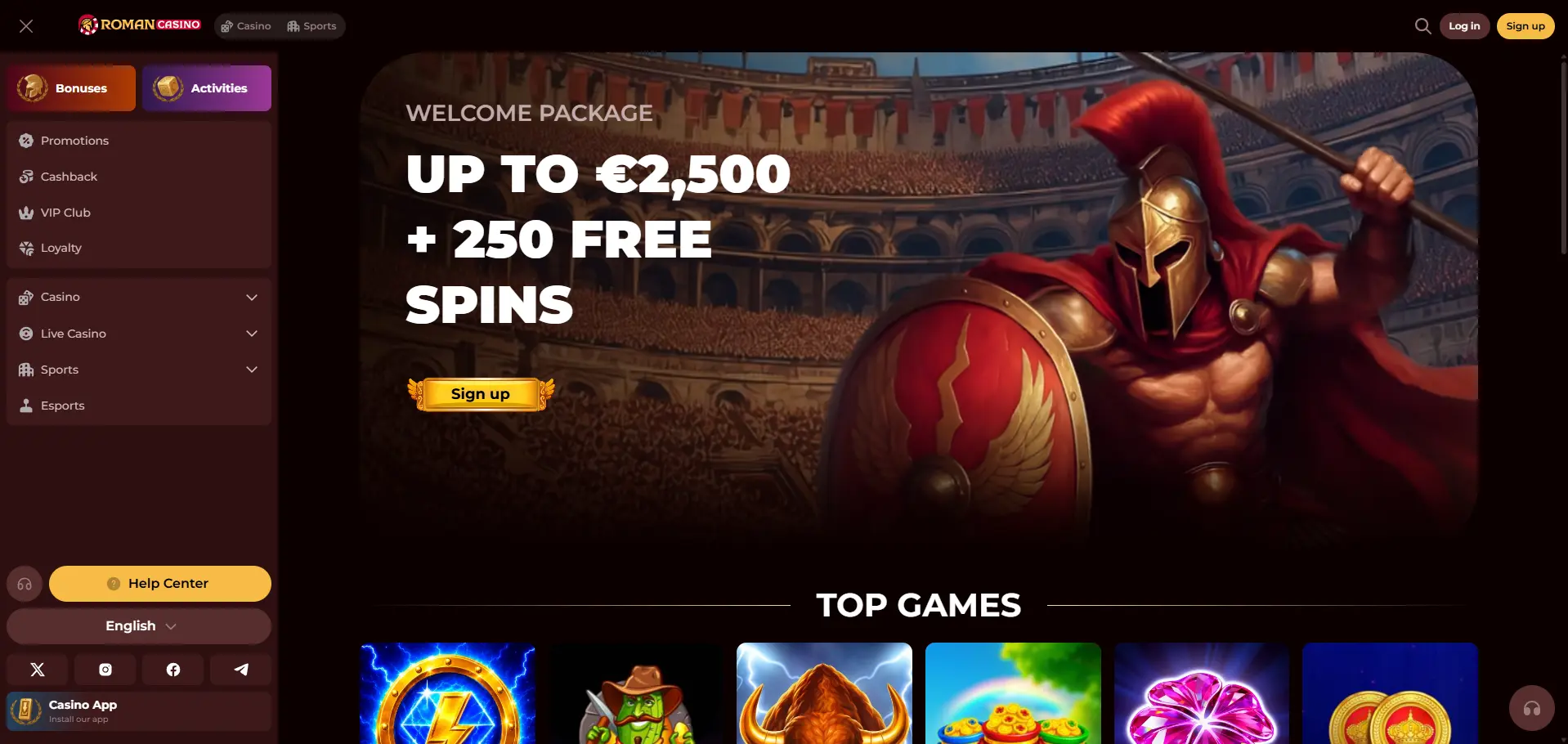 Roman Casino desktop homepage featuring a welcome package up to €2,500 plus 250 free spins, a Roman warrior banner, sign-up controls, and a Top Games section.