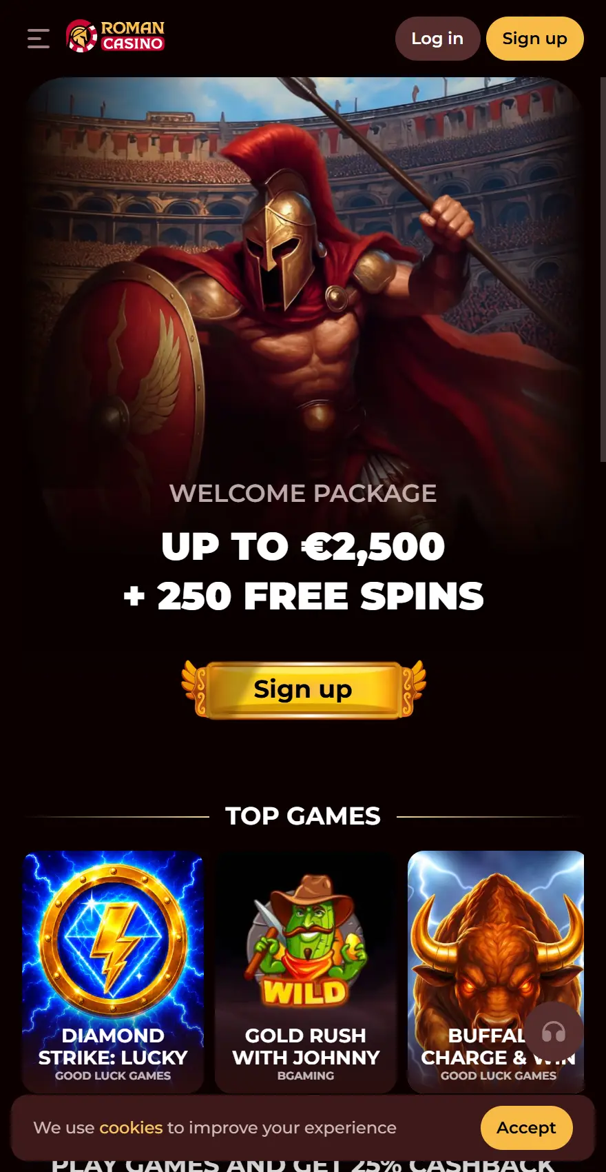 Roman Casino mobile homepage featuring a welcome package up to €2,500 plus 250 free spins, a Sign Up button, and Top Games including Diamond Strike, Gold Rush with Johnny, and Buffalo: Charge & Win.