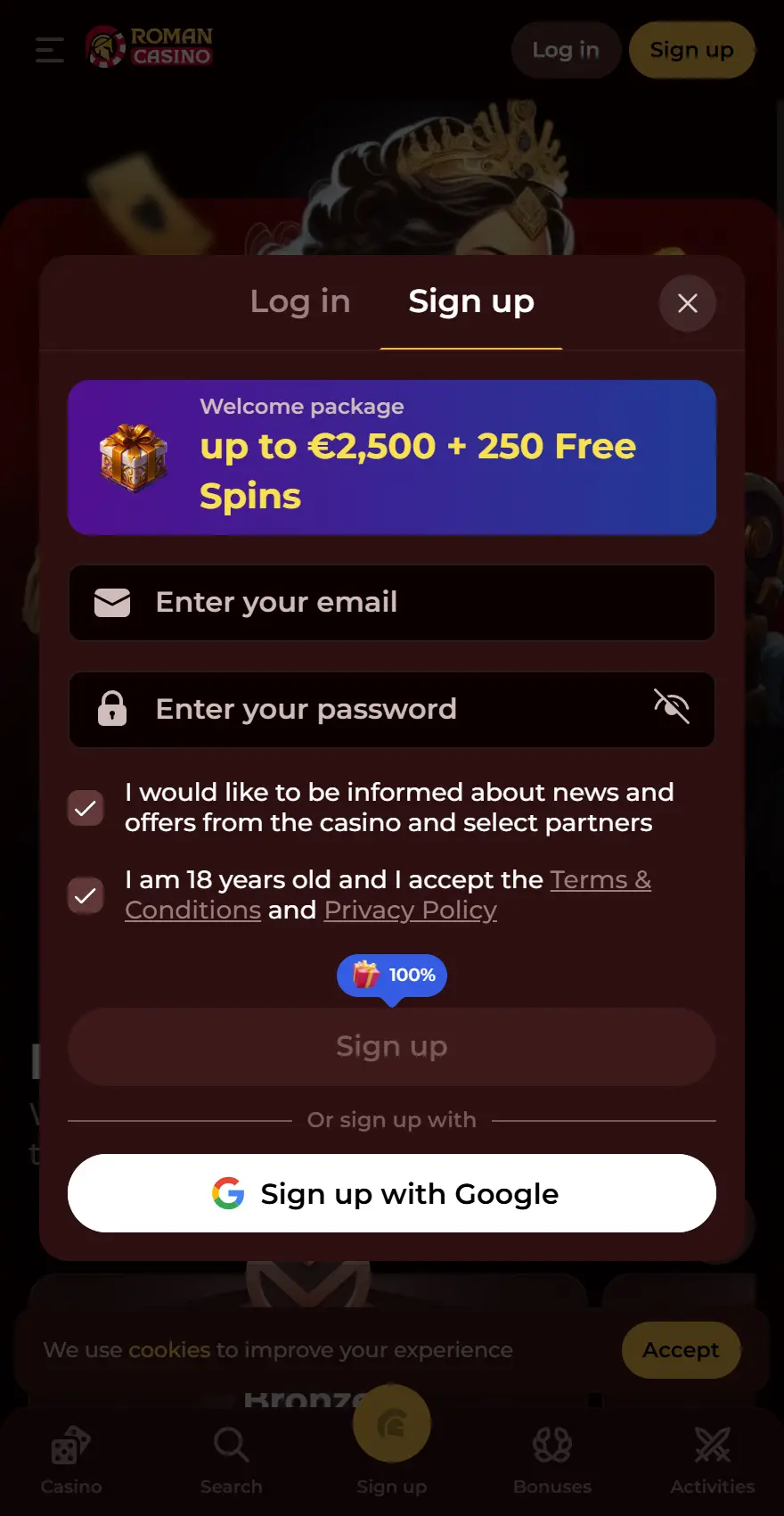 Roman Casino mobile registration screen featuring a welcome package up to €2,500 plus 250 free spins, email and password fields, age and terms consent, and Google sign-up.