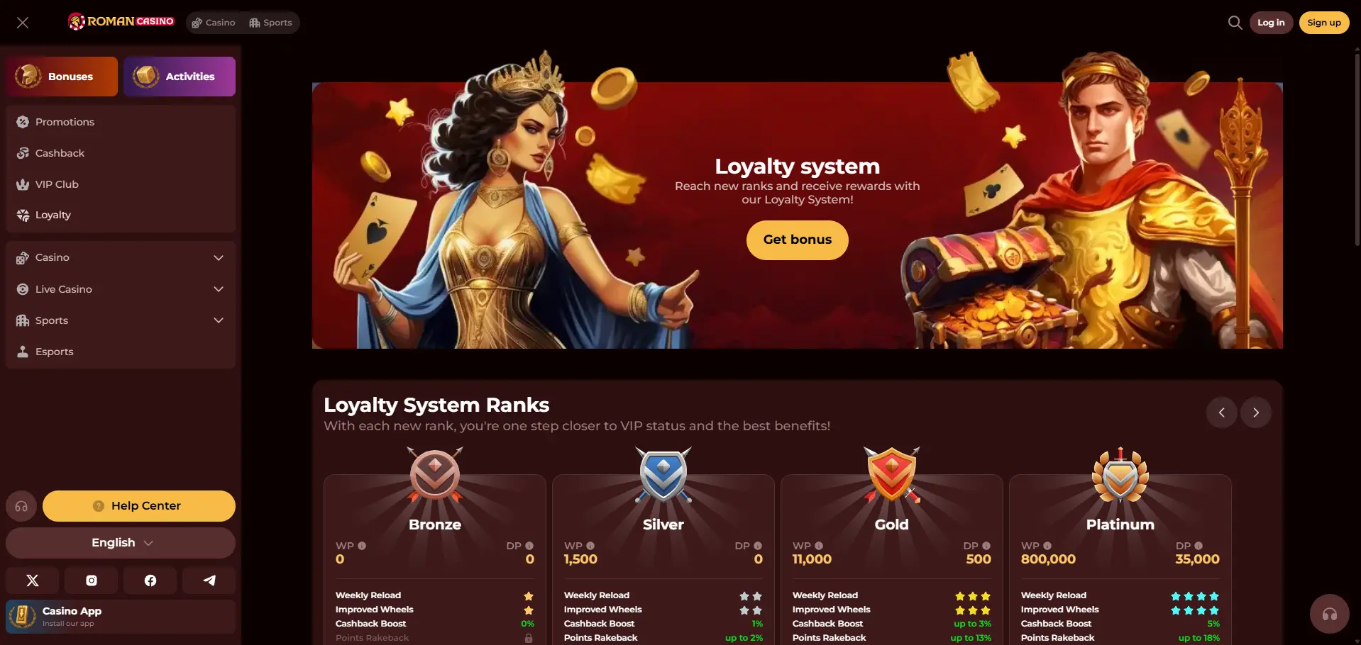 Roman Casino desktop VIP page featuring the loyalty system, a Get Bonus button, and Bronze, Silver, Gold, and Platinum loyalty ranks with reload, cashback, and rakeback benefits.