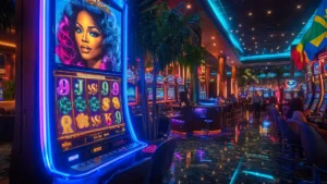 Una vibrante escena de casino presenta una máquina tragamonedas con temática de Whitney Houston en primer plano, iluminada con luces neón azules y doradas. La pantalla muestra tréboles, símbolos de la suerte y una elegante tipografía, evocando una celebración del Día de San Patricio. La sala de juego está iluminada con coloridos toques de neón que se reflejan en el brillante suelo de mármol. Exuberantes palmeras rodean el área, simbolizando la sostenibilidad. Al fondo, los jugadores disfrutan de diversas tragamonedas, y una gran bandera que representa a Italia y Brasil cuelga del techo, creando un ambiente de juego internacional.