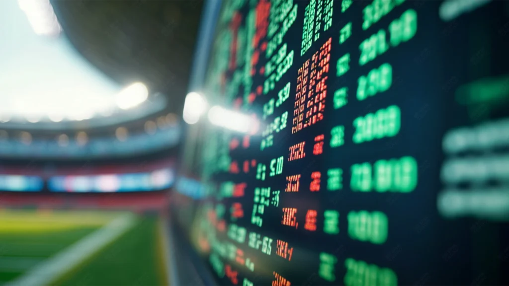 Illustration showing the basics of American sports betting odds with moneyline examples and sportsbook icons