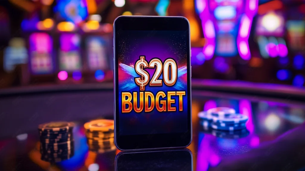 Player holding $20 bill in front of a laptop screen showing online casino games, highlighting budget-friendly gambling options.