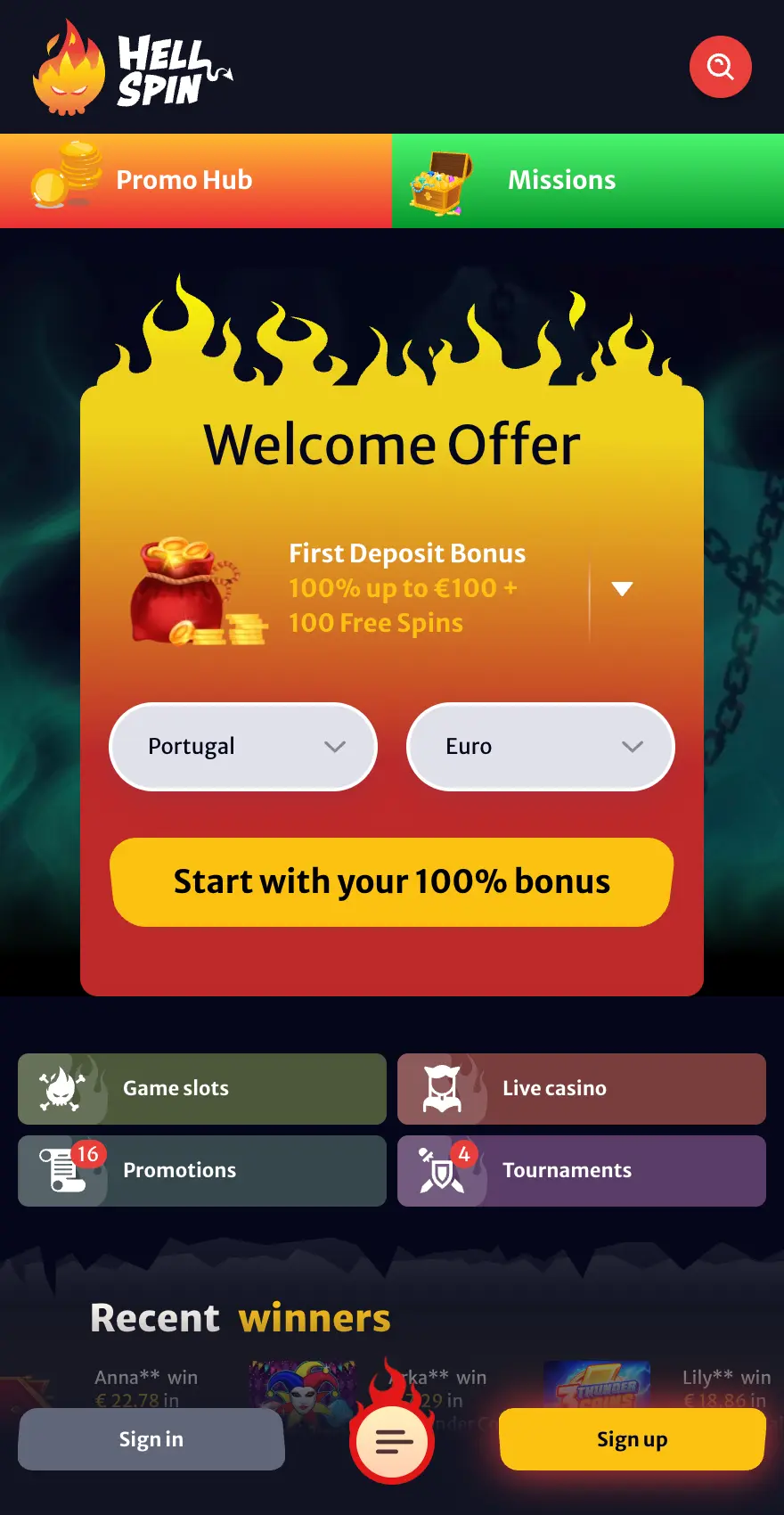 HellSpin Casino mobile homepage showing a 100% first deposit bonus up to €100 with 100 free spins, country and currency selectors, casino game categories, promotions and tournaments.
