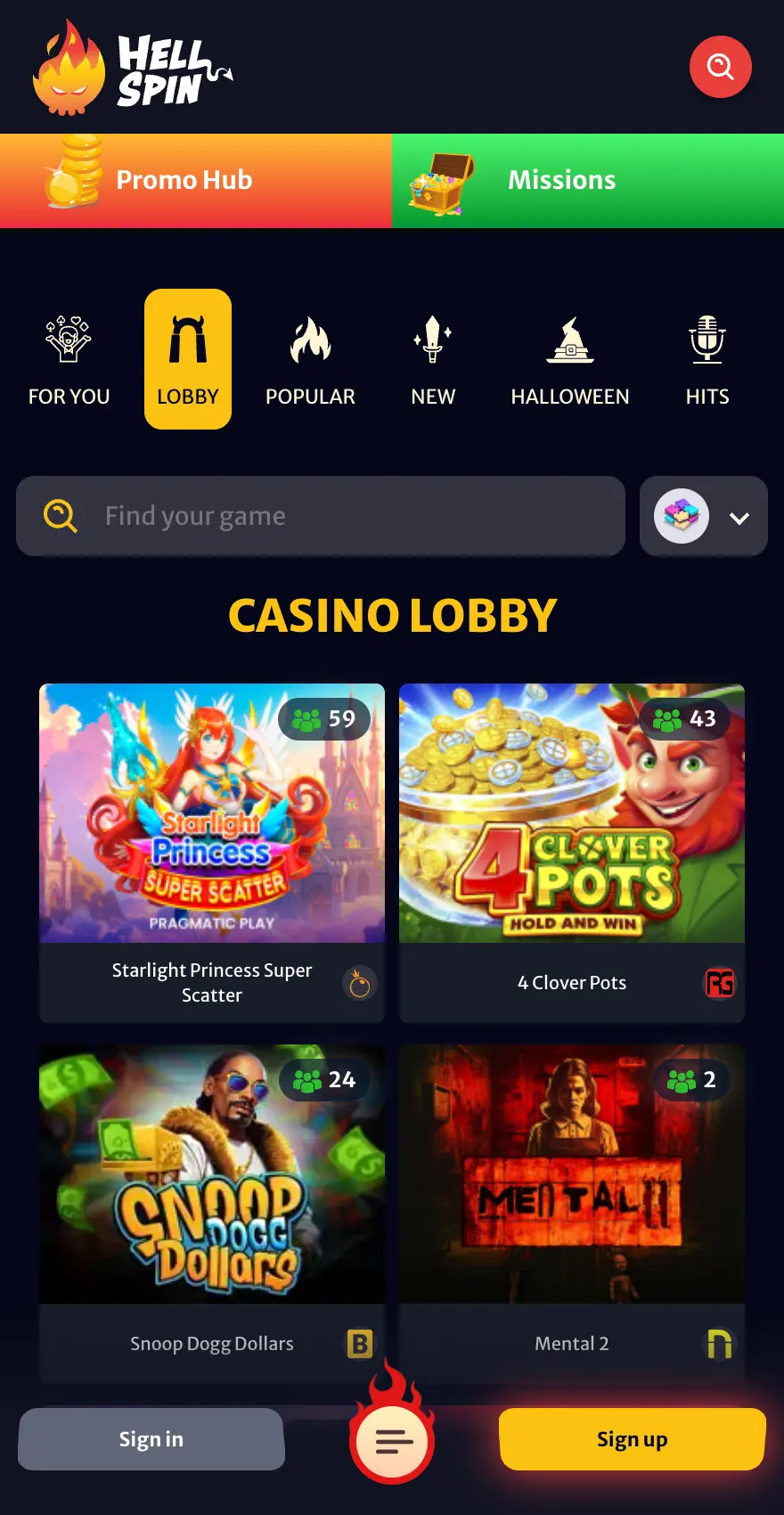HellSpin Casino mobile slots lobby showing game categories, search and provider filters, and featured slots including Starlight Princess Super Scatter, 4 Clover Pots, Snoop Dogg Dollars and Mental 2.