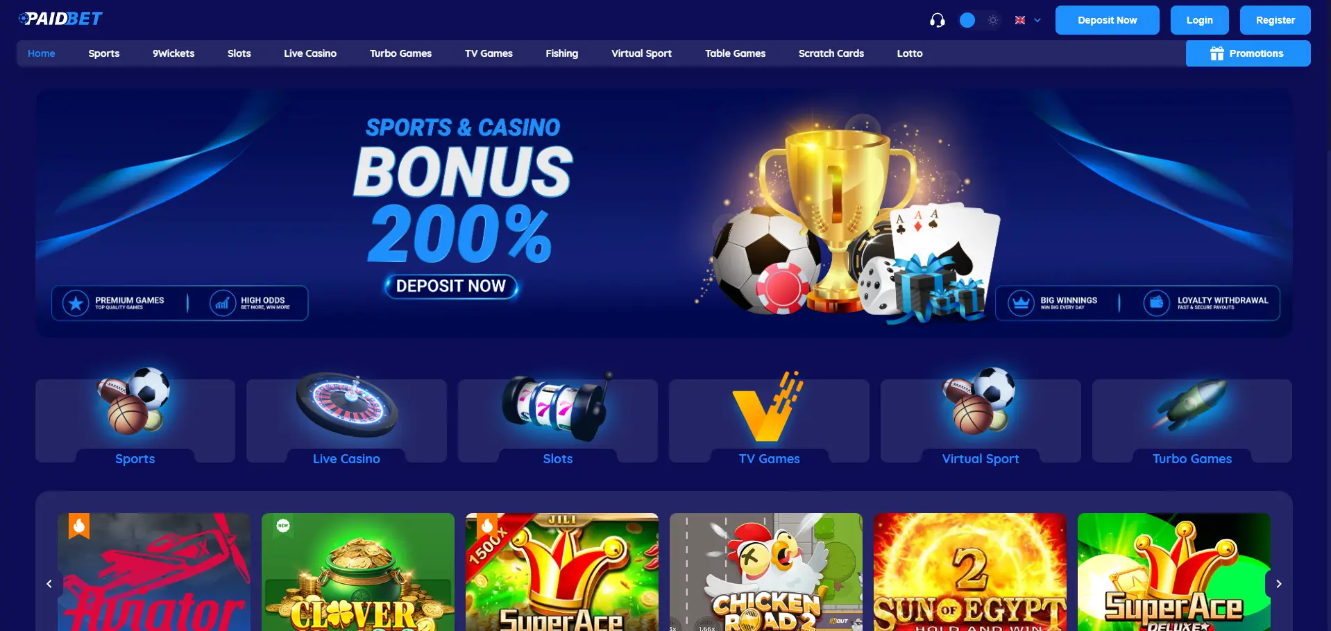 Paidbet desktop homepage featuring a 200% Sports & Casino bonus, Deposit Now button, and navigation to Sports, Live Casino, Slots, TV Games, Virtual Sport, and Turbo Games.