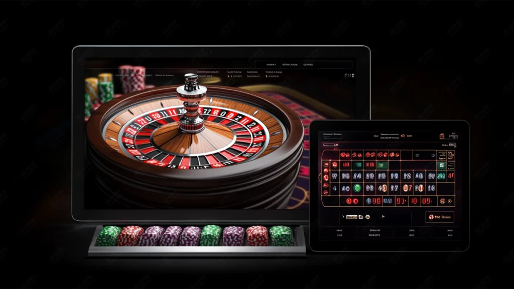 Roulette table with a Labouchère betting sequence written on paper beside chips and a spinning wheel.