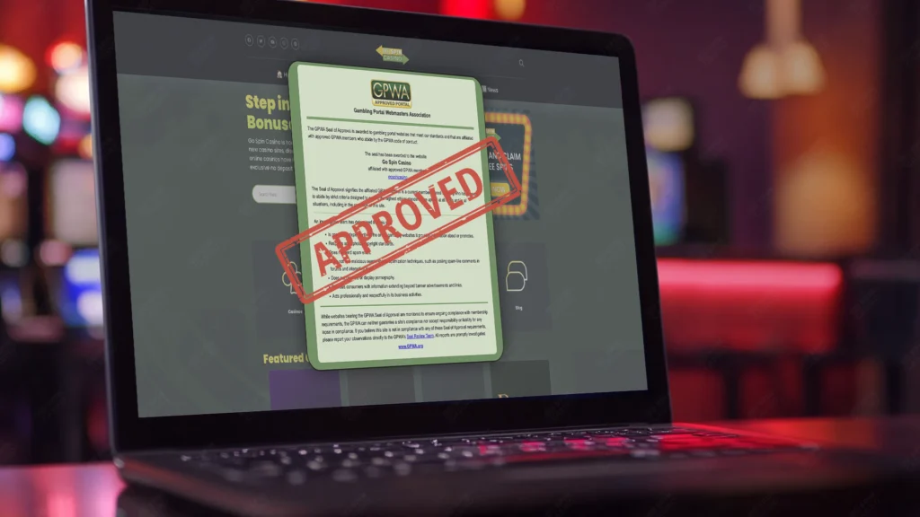 Go Spin Casino website displayed on a laptop screen with GPWA Seal of Approval and a bold red 'APPROVED' stamp overlay, symbolizing trusted affiliate certification.