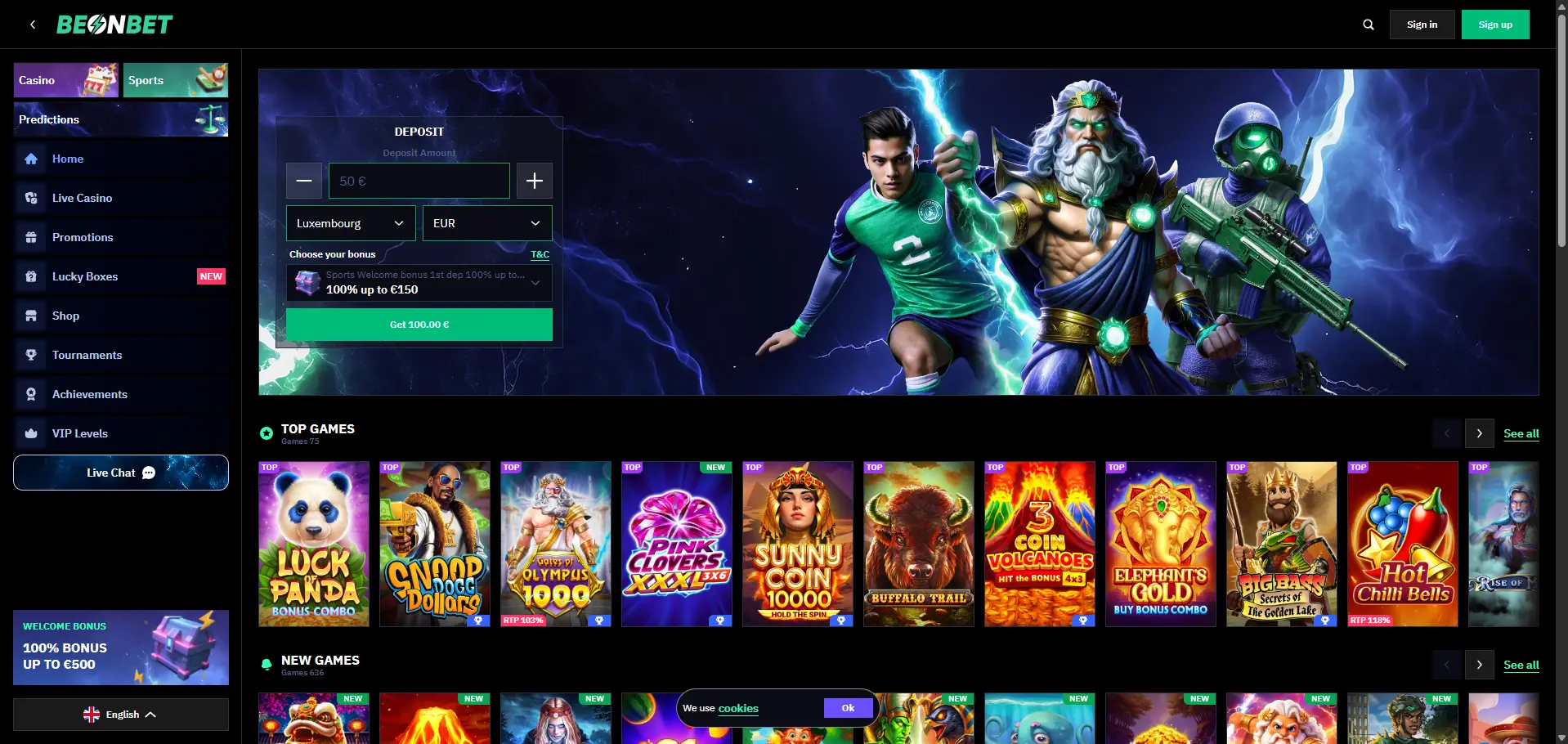 BeonBet desktop homepage featuring a deposit form with a 100% sports welcome bonus up to €150, plus Top Games and New Games sections.