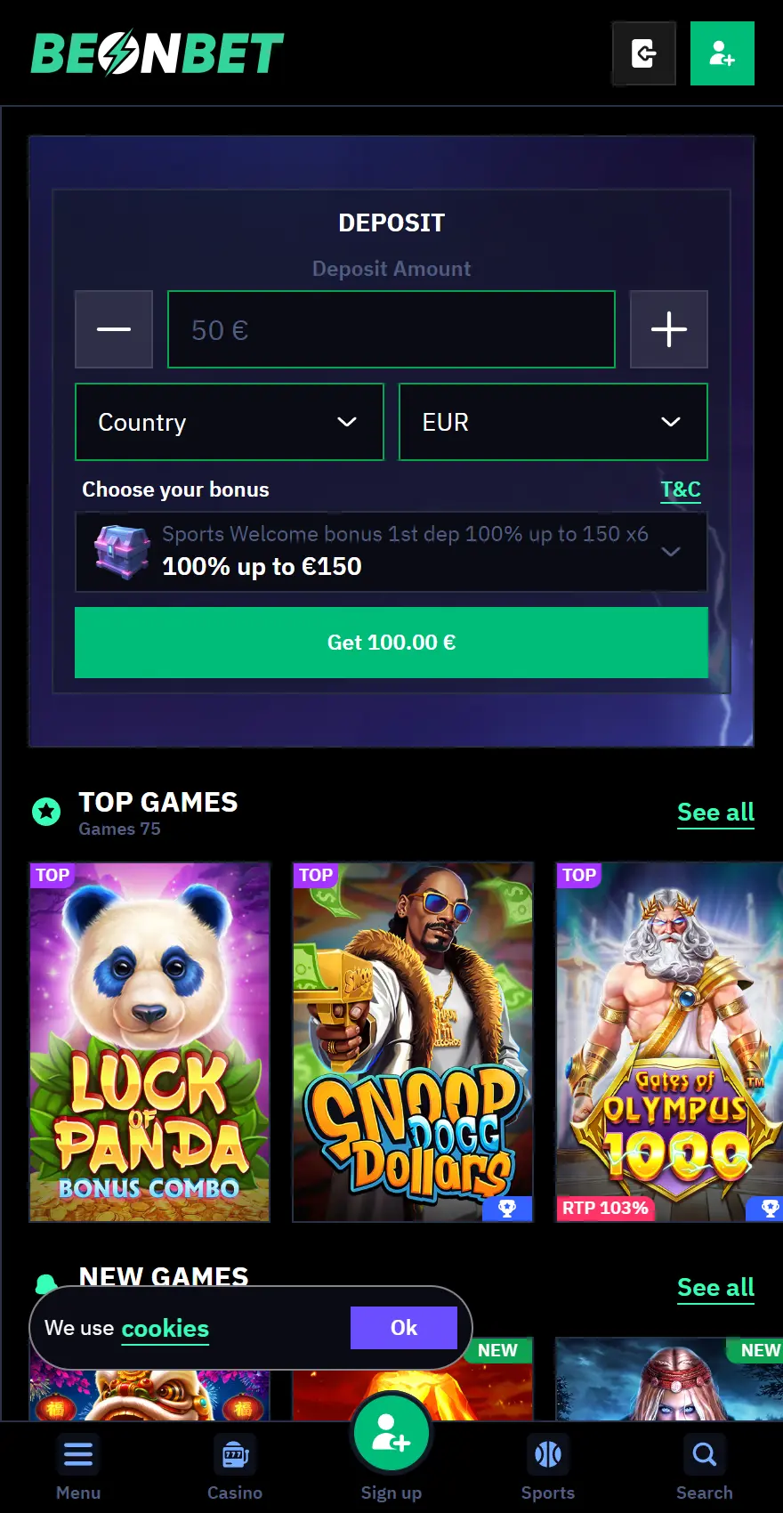 BeonBet mobile homepage featuring a deposit form with a 100% sports welcome bonus up to €150, plus Top Games including Luck of Panda, Snoop Dogg Dollars, and Gates of Olympus 1000.