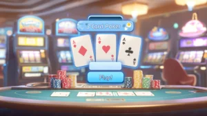 Online 3 Card Poker game interface showing three aces, with digital poker chips stacked on a casino table, slot machines blurred in background.