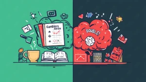 Split illustration of a gambler’s mindset — left side shows logic with a guidebook, charts, and a calm setup; right side shows impulsive behavior with a red brain shouting “DOUBLE!”, flying chips, and chaotic gambling elements, representing the contrast between disciplined strategy and emotional betting like the Martingale system.