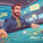 A confident player placing chips on the pass line at a digital craps table in an online casino environment, with glowing UI elements, dice mid-roll, and vibrant signage reading "Pass Line" and "Craps" in the background.