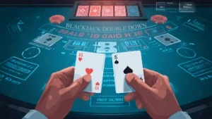 A player holding a 10 of hearts and 6 of spades at a futuristic online blackjack table, with glowing UI elements, a dealer card showing 6, and the words "Blackjack Double Down" displayed prominently on the digital surface.