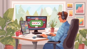 Online poker player reviewing preflop charts at home, dual monitor setup with virtual Texas Hold’em table and strategy tools, cartoon-style illustration for poker strategy content.