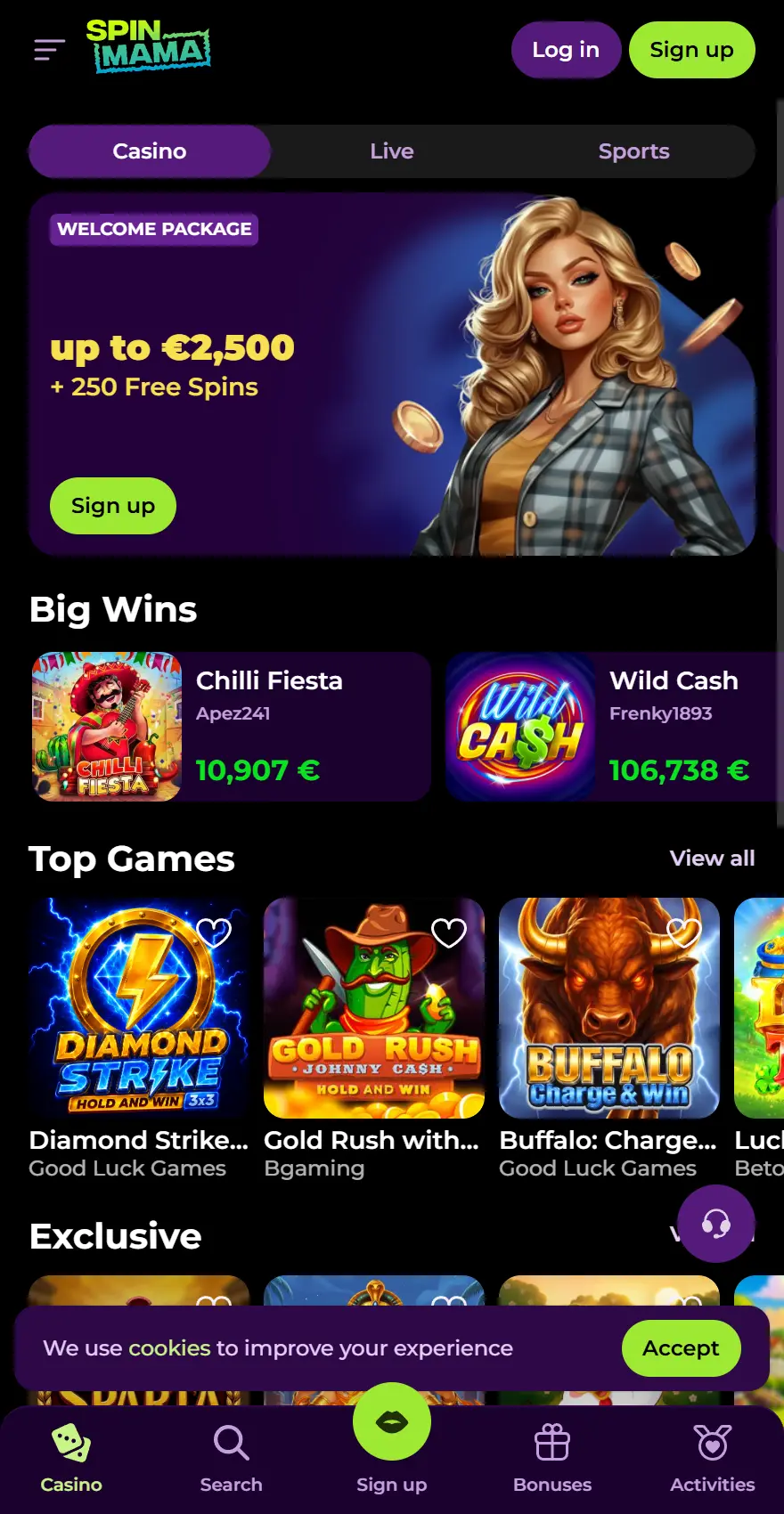 Spinmama mobile homepage featuring a purple-and-black casino theme, a welcome package banner offering up to €2,500 plus 250 free spins, a Big Wins ticker, and horizontal Top Games and Exclusive sections. Přihlášení/sign-up controls, cookie consent, support, and bottom navigation remain visible.