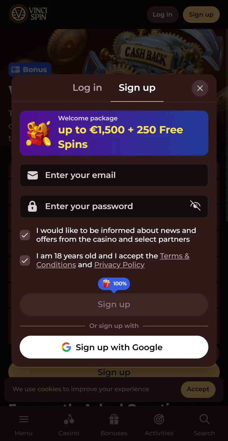 VinciSpin mobile registration screen with a dark brown sign-up modal advertising a welcome package of up to €1,500 plus 250 free spins. It includes email and password fields, marketing and 18+/terms checkboxes, a disabled sign-up button, and Google registration.