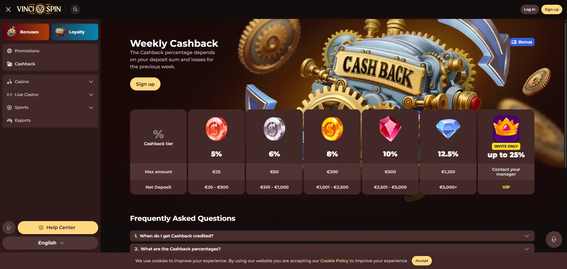 VinciSpin desktop cashback/VIP page centered on a “Weekly Cashback” promotion. A large mechanical cashback graphic sits above tier cards offering 5%, 6%, 8%, 10%, 12.5%, and VIP cashback up to 25%, with corresponding net-deposit thresholds and maximum cashback amounts, followed by an FAQ section.