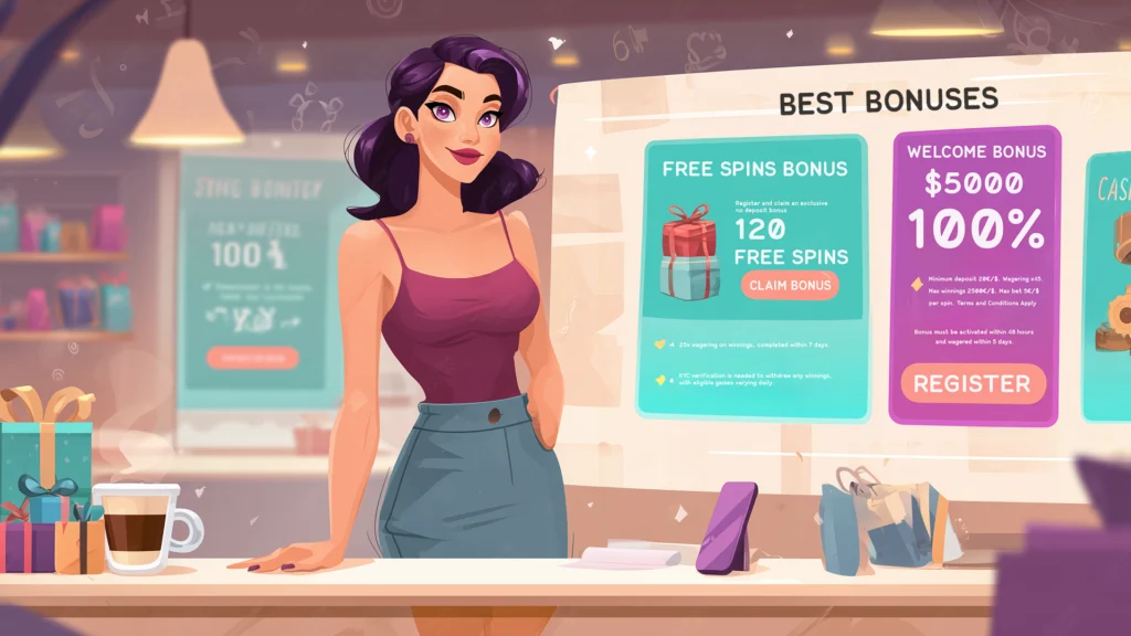Female character standing in front of a digital screen displaying online casino bonuses including free spins and a 100% welcome offer, with coffee, gift boxes, and shopping bags on a counter, in a vibrant, modern digital casino environment.