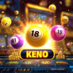 Colorful online Keno game screen with glowing number balls and virtual betting interface, highlighting hot numbers like 18 and 19 with coin stacks and play button.