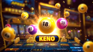 Colorful online Keno game screen with glowing number balls and virtual betting interface, highlighting hot numbers like 18 and 19 with coin stacks and play button.