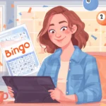 Woman playing online bingo on a tablet with a winning straight-line pattern on the screen, surrounded by floating bingo balls and confetti in a cozy home setting.