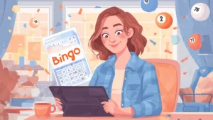Woman playing online bingo on a tablet with a winning straight-line pattern on the screen, surrounded by floating bingo balls and confetti in a cozy home setting.