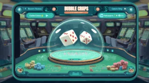 Bubble craps game interface on a virtual casino screen, featuring animated dice under a glass dome, betting chips, and a green craps table layout with the ‘Roll’ button highlighted.