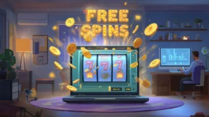 Online casino slot bonus with free spins and coins flying from a laptop screen, showing 777 win and bonus buy option in a digital home office setting