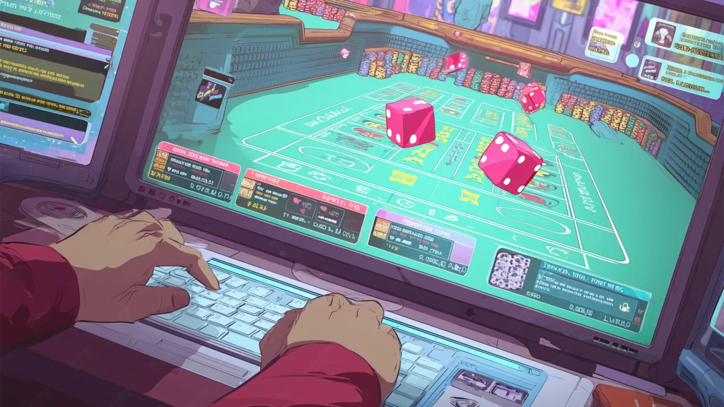 An online craps game displayed on a laptop screen, with virtual dice rolling across a digital craps table layout, showing betting zones and payouts, surrounded by chips and casino UI elements.