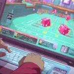 An online craps game displayed on a laptop screen, with virtual dice rolling across a digital craps table layout, showing betting zones and payouts, surrounded by chips and casino UI elements.